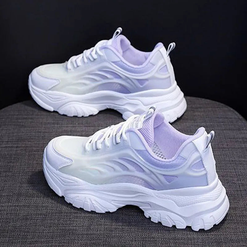 Women's pink satin lace-up casual sports shoes with round toe