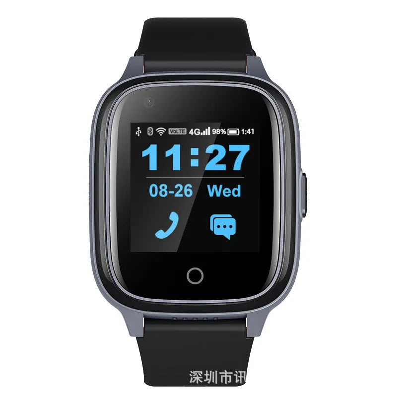 Black elderly positioning smart watch with 1.4 inch screen, plastic body, plus button, and wrist strap