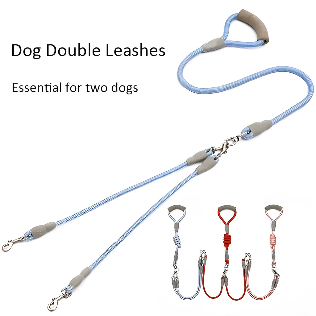 Blue double dog leash for two small dogs with a soft foam handle and metal clips.
