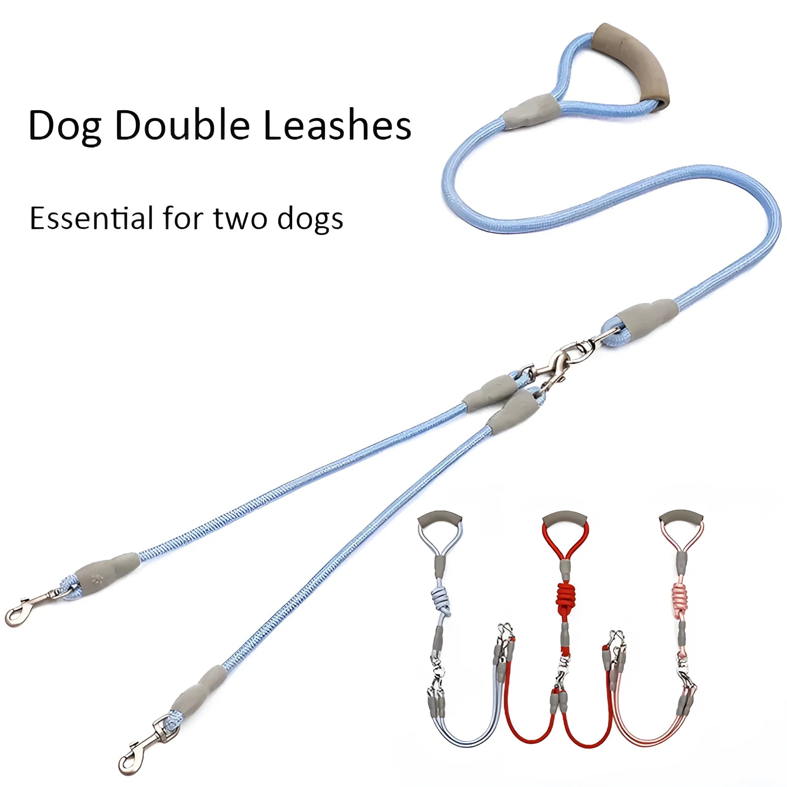 Blue double dog leash for two small dogs with a soft foam handle and metal clips.