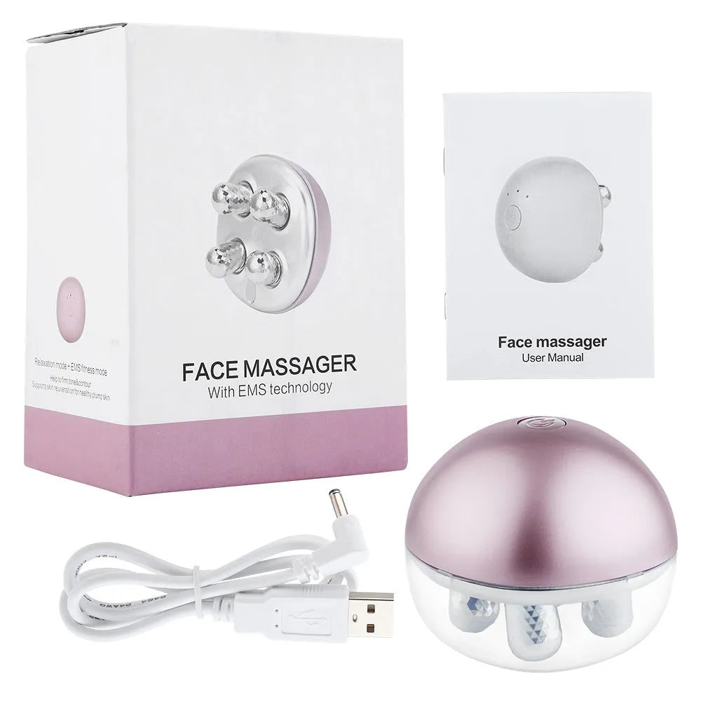 Rose red USB rechargeable face roller massager with ABS body, 7.5 x 7.5 x 6cm, and data cable