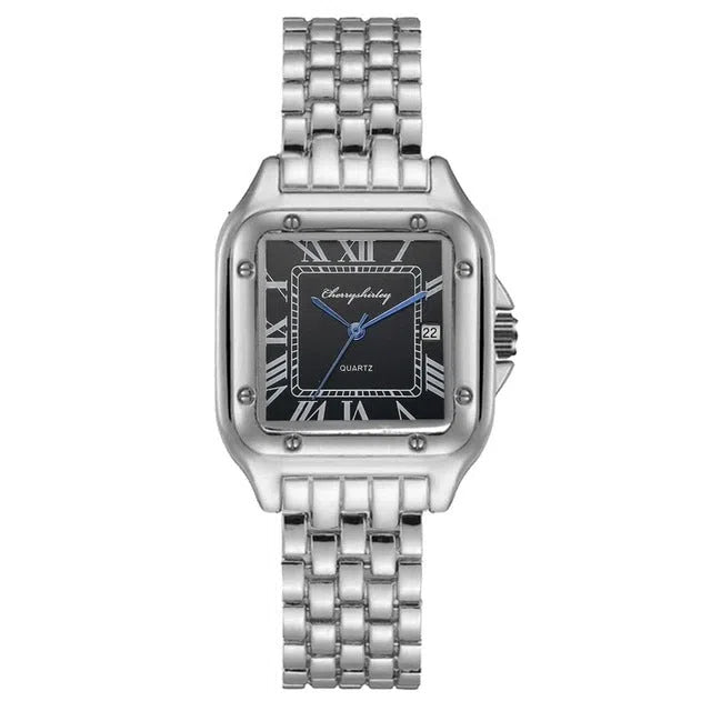 Fashion stainless steel square couple quartz watch with 28mm dial in silver white, gold, and rose gold finishes.