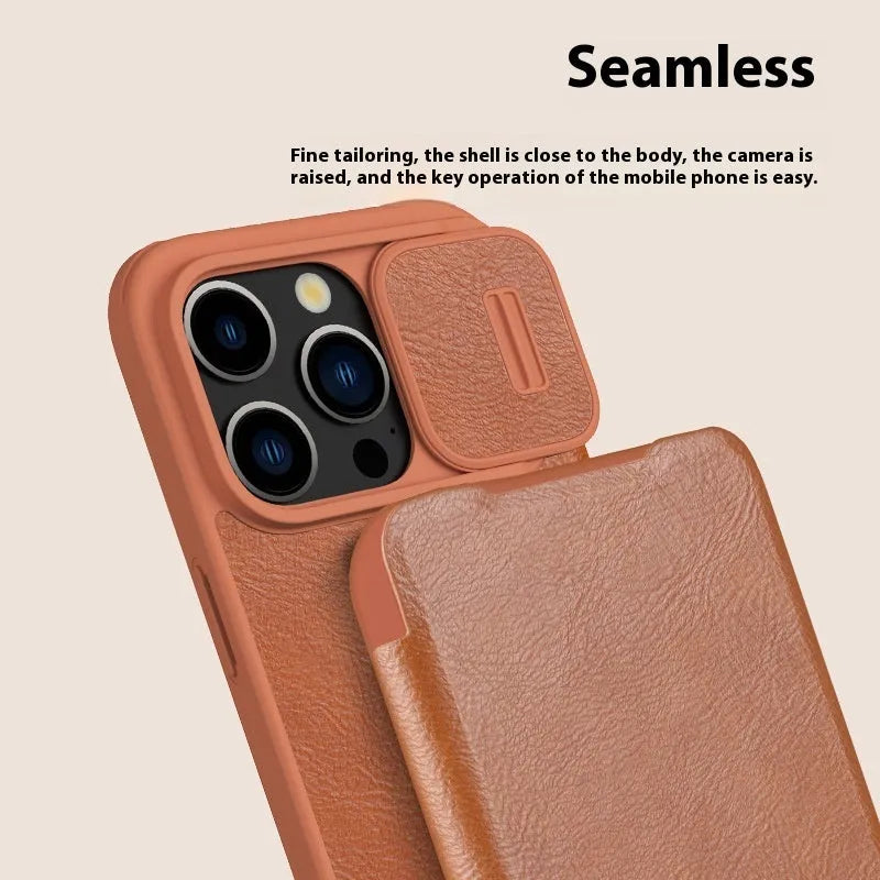 Black imitation leather flip phone case open next to an iPhone.