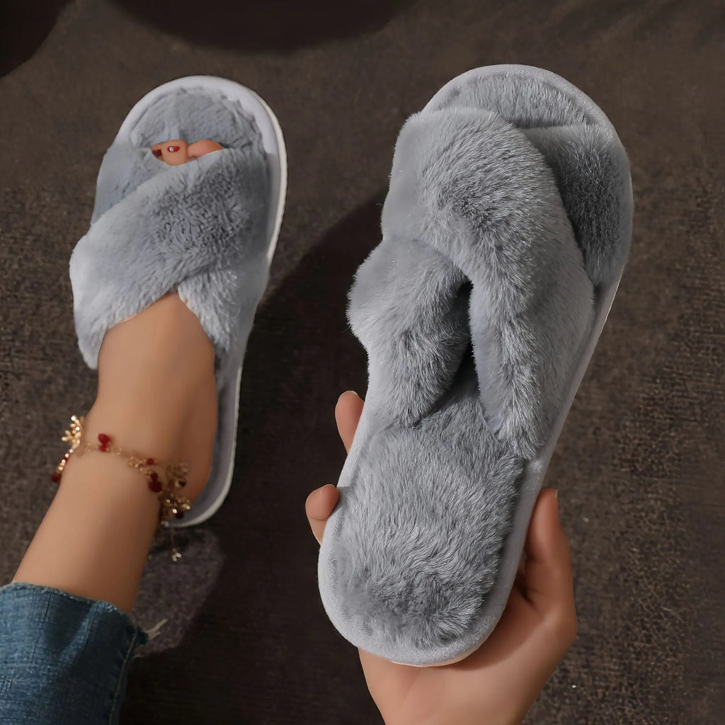 Women's cross plush slippers with open toe and EVA sole in brown colour