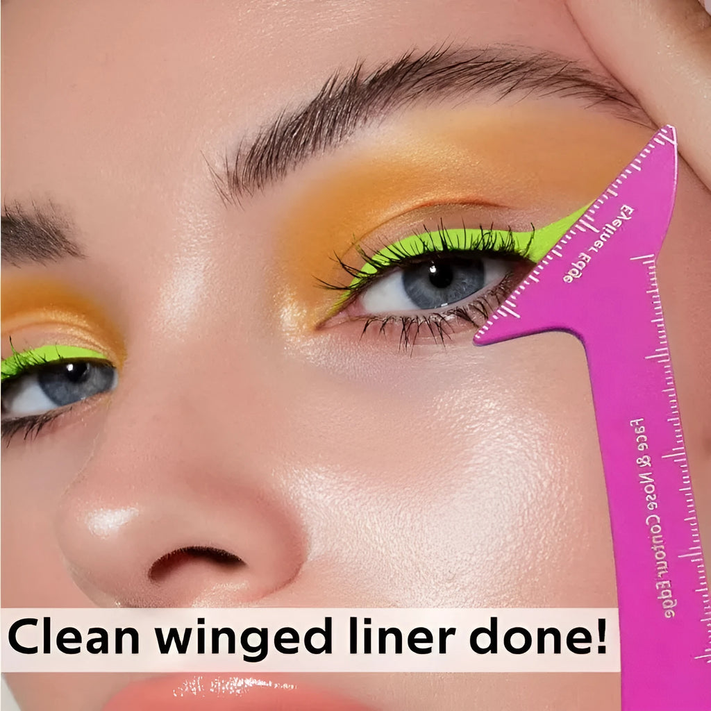 Three reusable plastic makeup stencils for creating winged eyeliner, eyebrow arches, and nose contour on pink background.