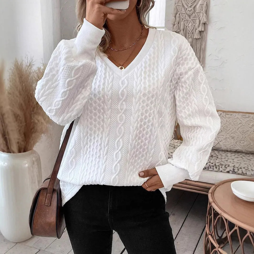 Loose fit milky white long sleeve T-shirt with casual styling and 3D pattern detailing