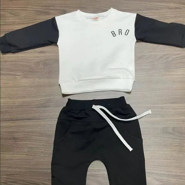 Boys' cotton letter print top and full-length trousers set in black, white or grey, sizes 70cm to 130cm
