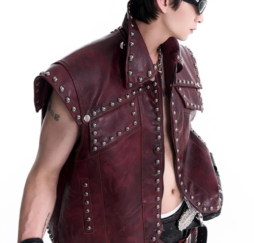 Heavy industry rivets leather vest coat with lapel collar and matching red pants set