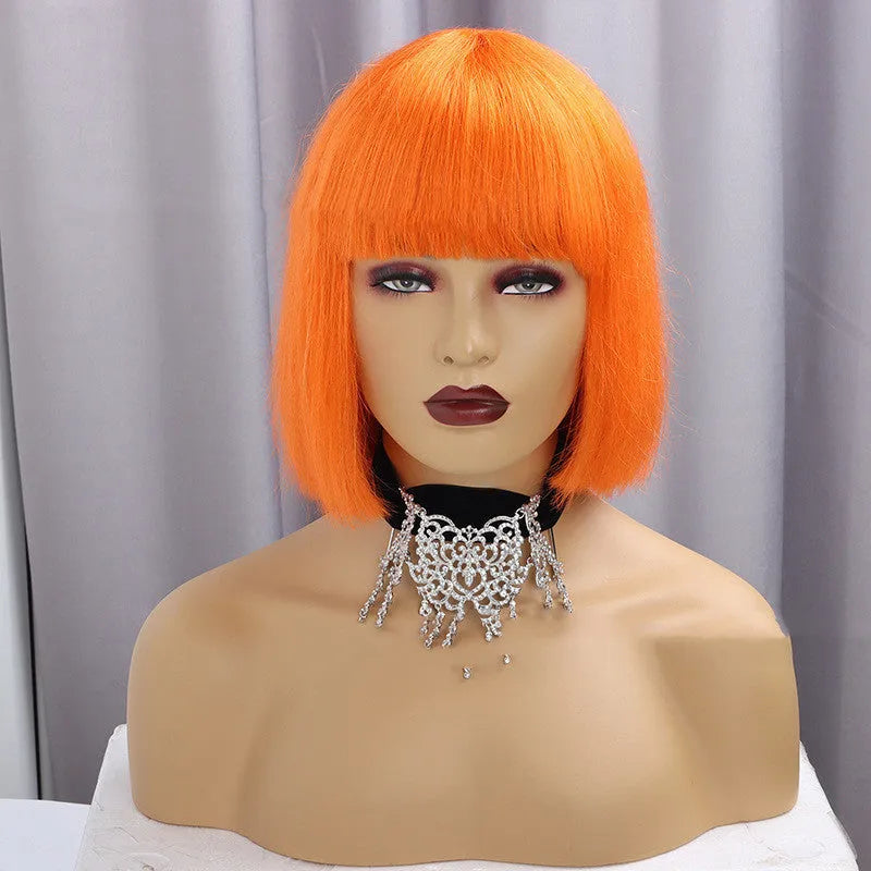 Real hair full bangs headgear wig in short straight style, 10 inches, Qi bangs, mechanised construction