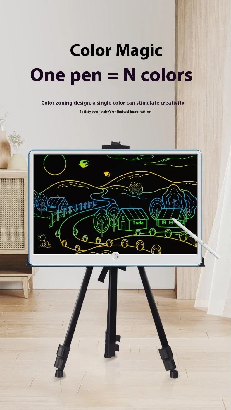 19-inch LCD drawing board for kids with blue and white frame on a wooden table.