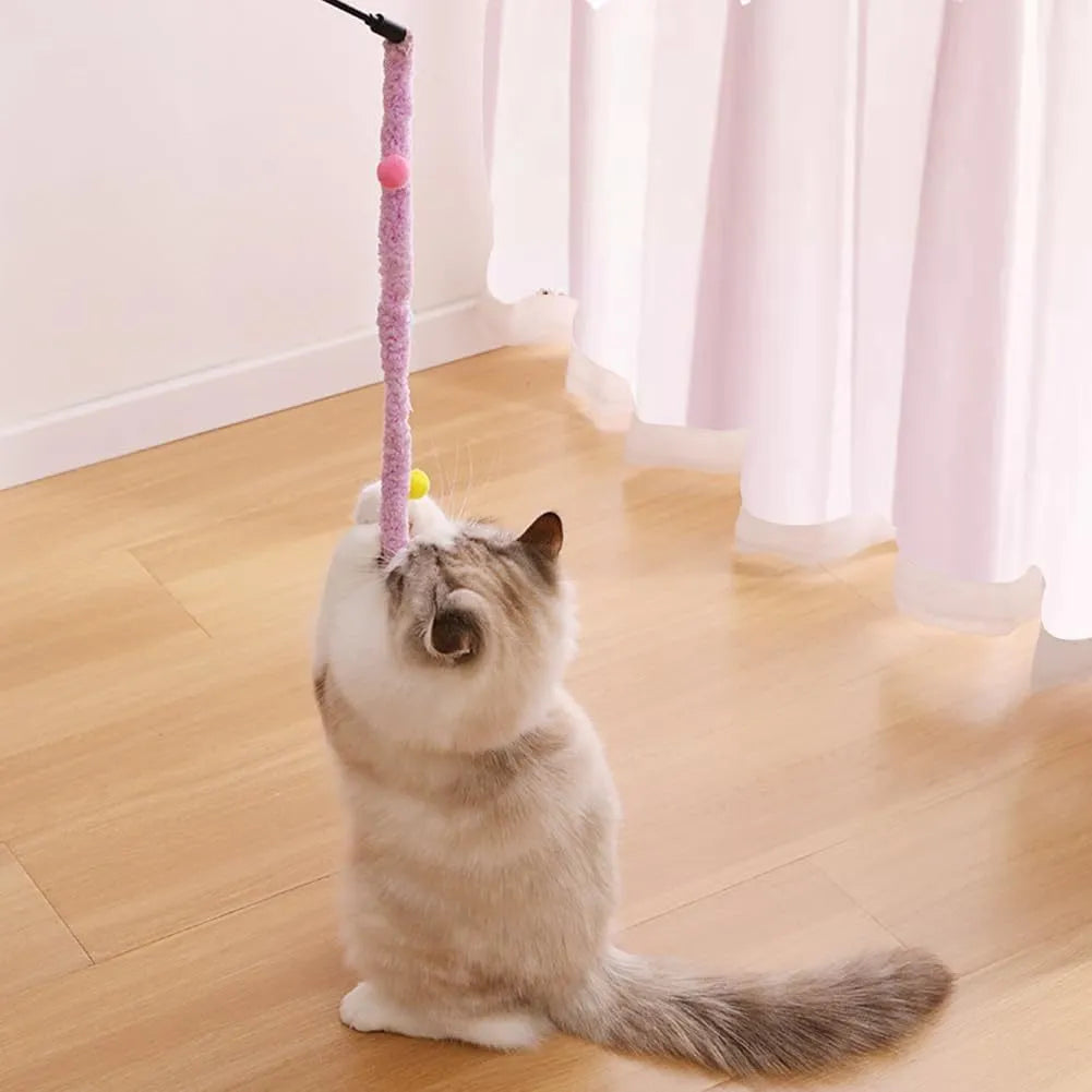 Blue cat wand toy with plush strip and bell measuring 41cm pole with 60cm extension