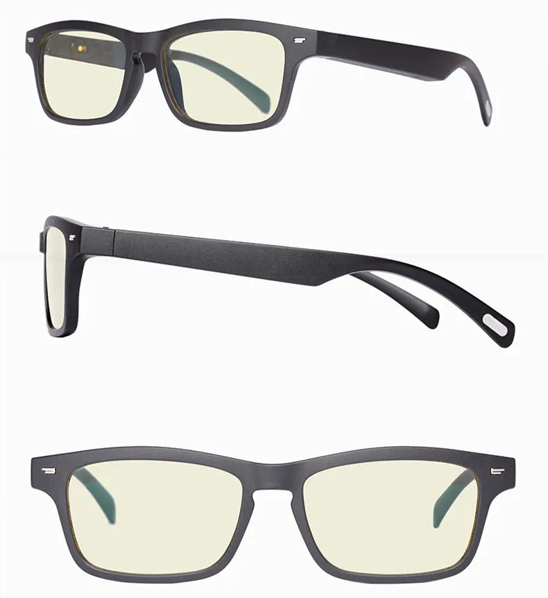Smart glasses with a black PC+ABS frame featuring Bluetooth speakers and UV400 protective lenses.
