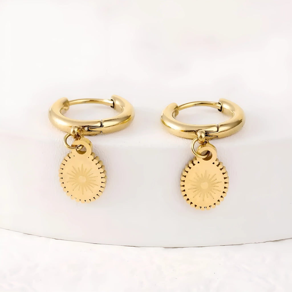 A pair of stainless steel geometric earrings with ellipse design details on a white background.