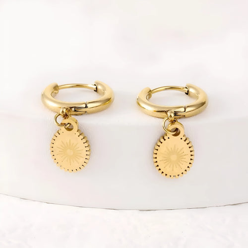 A pair of stainless steel geometric earrings with ellipse design details on a white background.