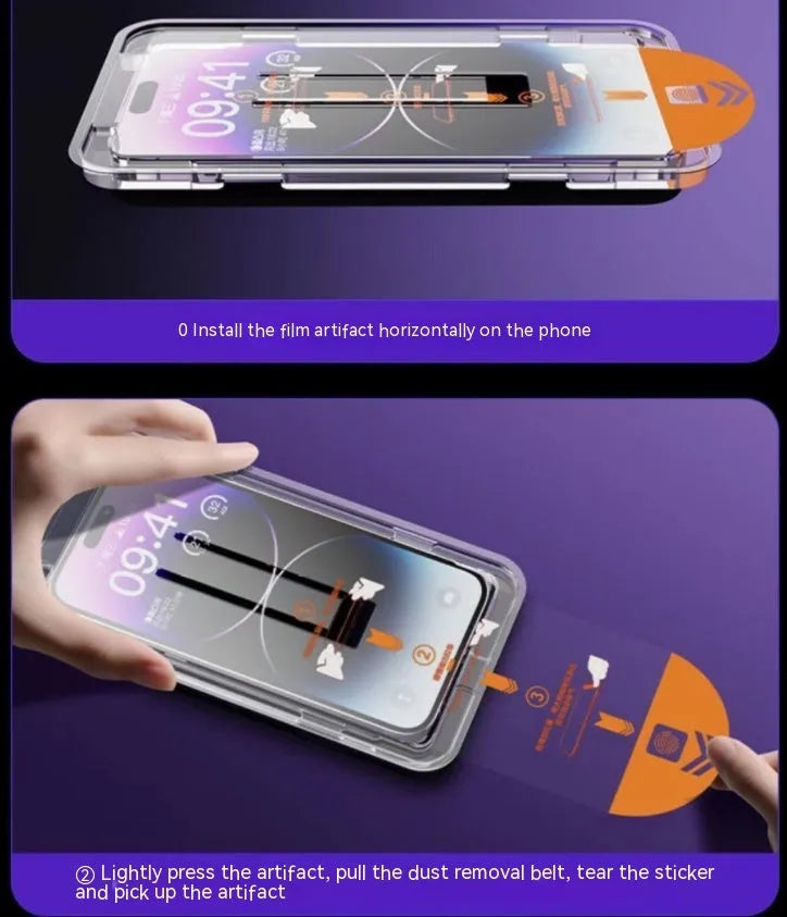 Tempered glass screen protector for iPhone with anti-fingerprint and anti-blue light features.