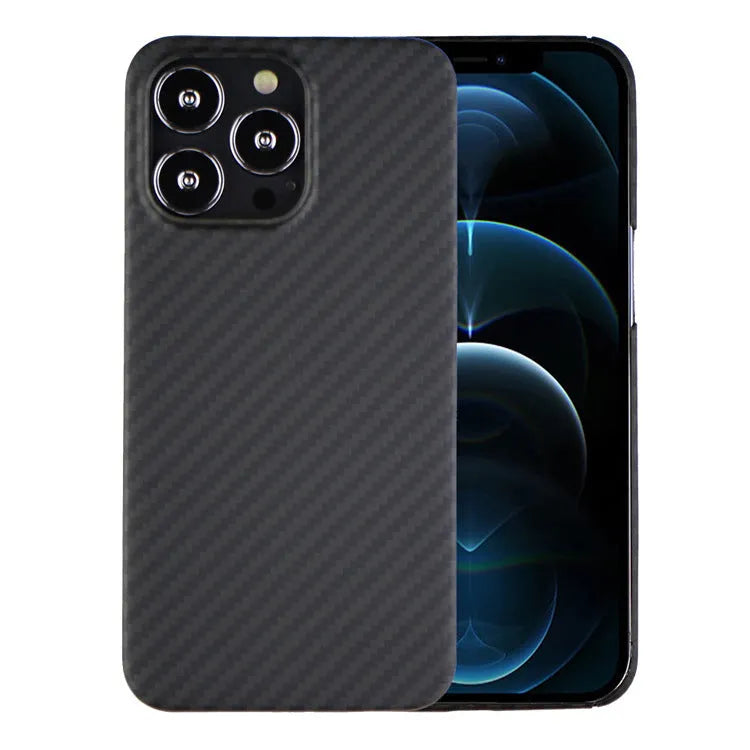 Dull black Kevlar fibre iPhone case with stripe detail and Magsafe magnet on a table.
