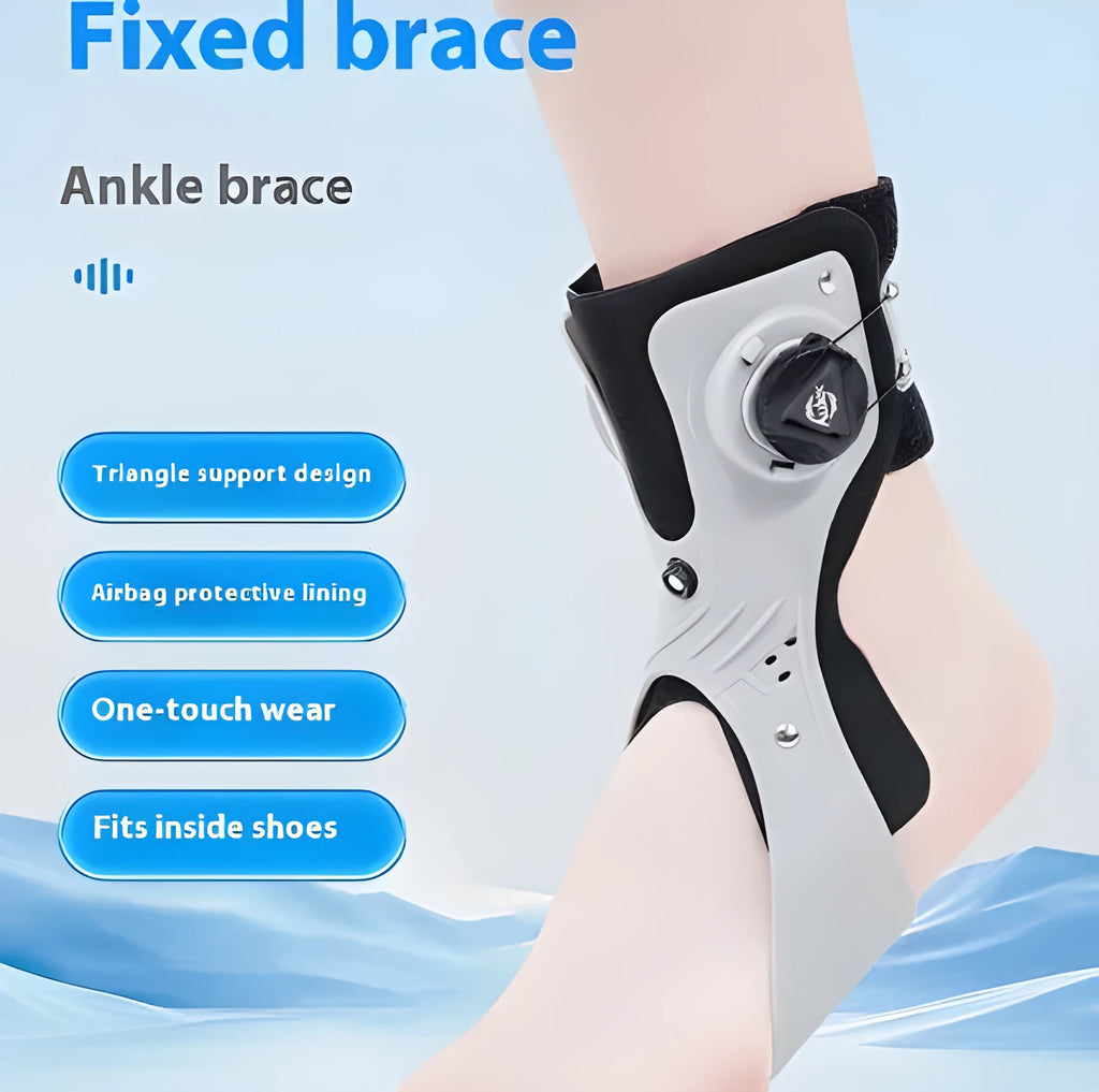 Grey ankle support brace with airbag button fastener shown on a left foot