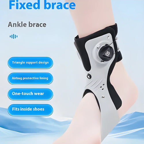 Grey ankle support brace with airbag button fastener shown on a left foot