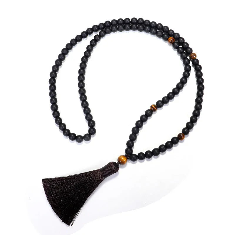 Tigereye stone beaded necklace and bracelet set with drop pendant and tassel detail