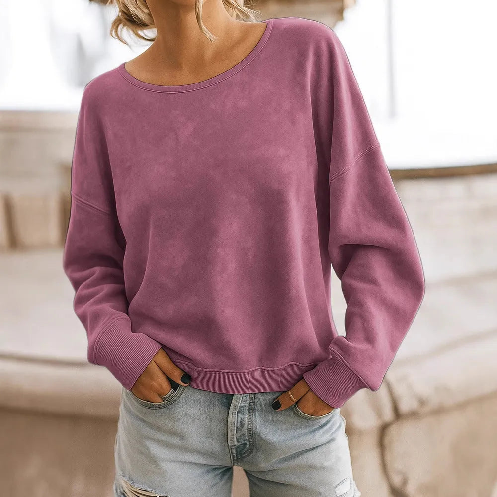 Casual loose long sleeve print round neck knitted sweater hoodie in apricot, polyester jersey street trendsetter pullover