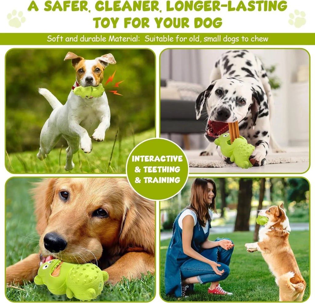Green and yellow natural rubber squeaky dog toy with treat-fillable hole.