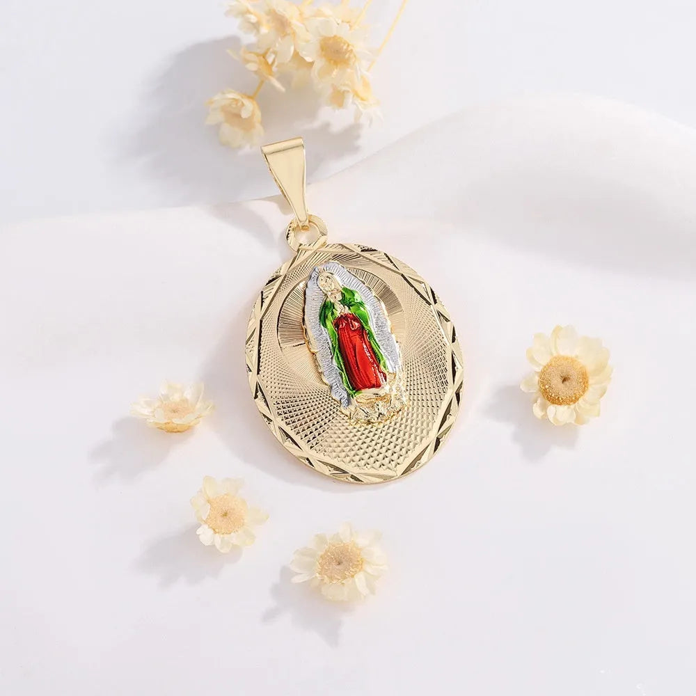 Virgin Mary copper laminate gilded painting pendant with electroplated finish, women's religious necklace accessory