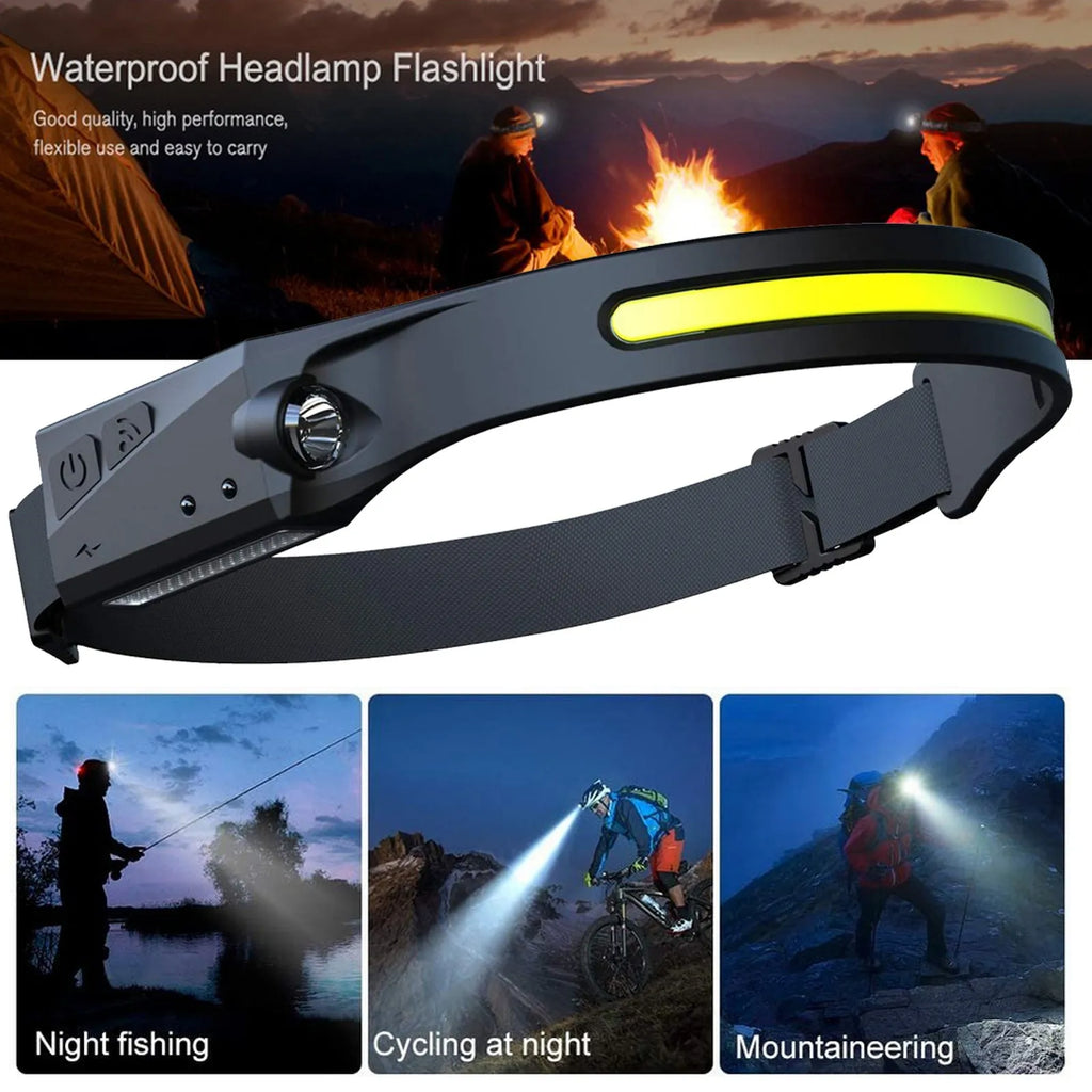 Black USB rechargeable headlamp with a wide COB LED lens and a side wave sensor on the headband.