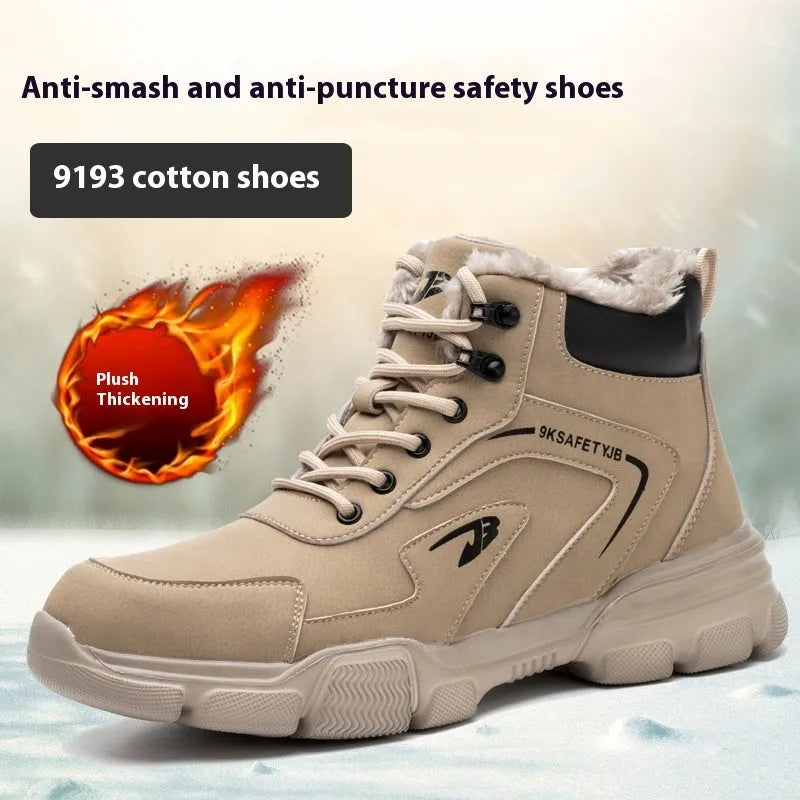 Brown labour protection shoes with leather upper and rubber sole, anti-smashing and puncture resistant design