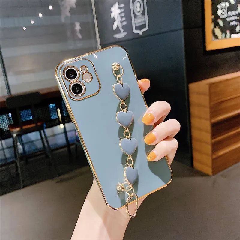Solid colour silicone Samsung phone case with built-in glass screen protector and wrist strap.