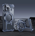 Liquid metal frameless phone case with rotating bracket for iPhone, gentleman's black colour, metal hollow design