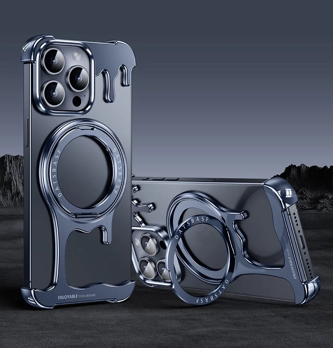 Liquid metal frameless phone case with rotating bracket for iPhone, gentleman's black colour, metal hollow design
