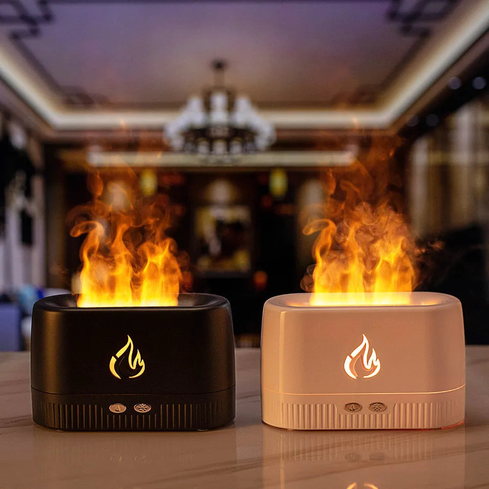 Flame humidifier aroma diffuser in white or black, 230ml tank, 171*76*102mm, USB powered with flame effect
