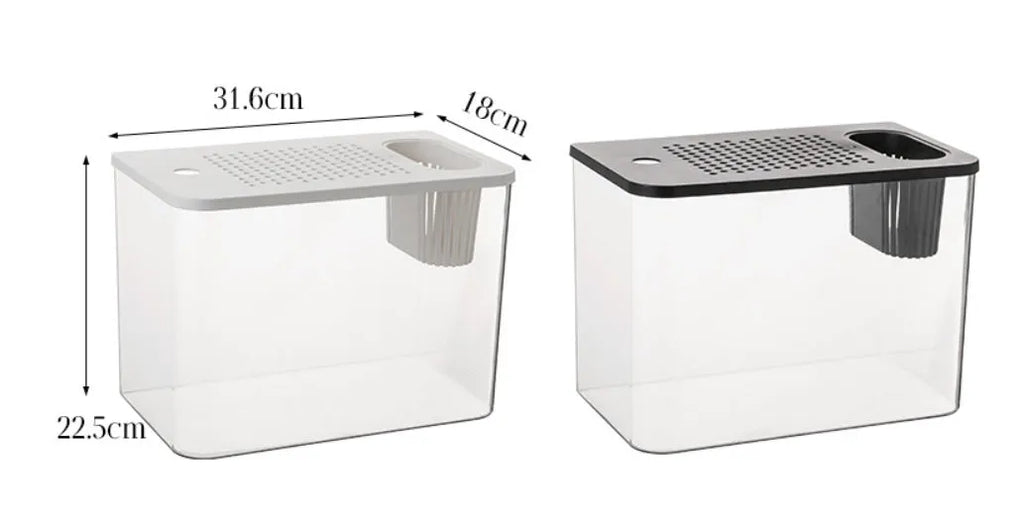 Black and white mini betta fish tank with clear plastic lid, dimensions 32cm wide by 23cm tall.