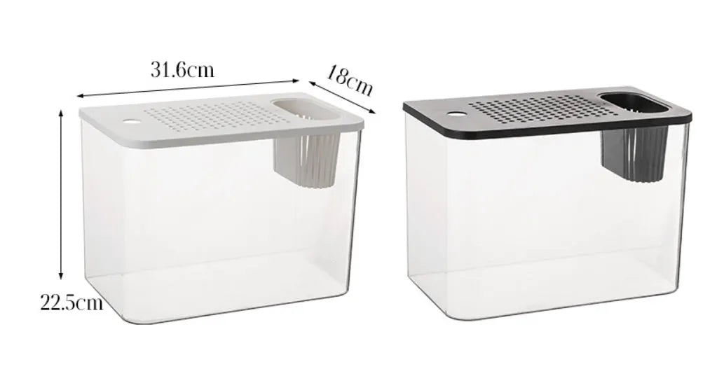 Black and white mini betta fish tank with clear plastic lid, dimensions 32cm wide by 23cm tall.