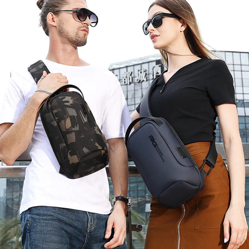 Men's Oxford cloth shoulder bag with USB charging in black, blue, dark grey, or camouflage for business travel