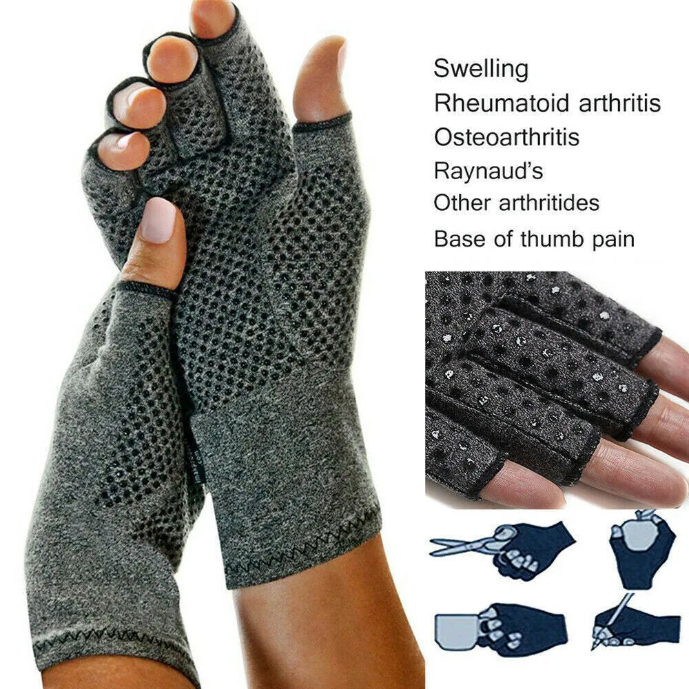 Grey half-finger joint compression gloves laid flat, showing the elastic spandex fabric and exposed fingertips.
