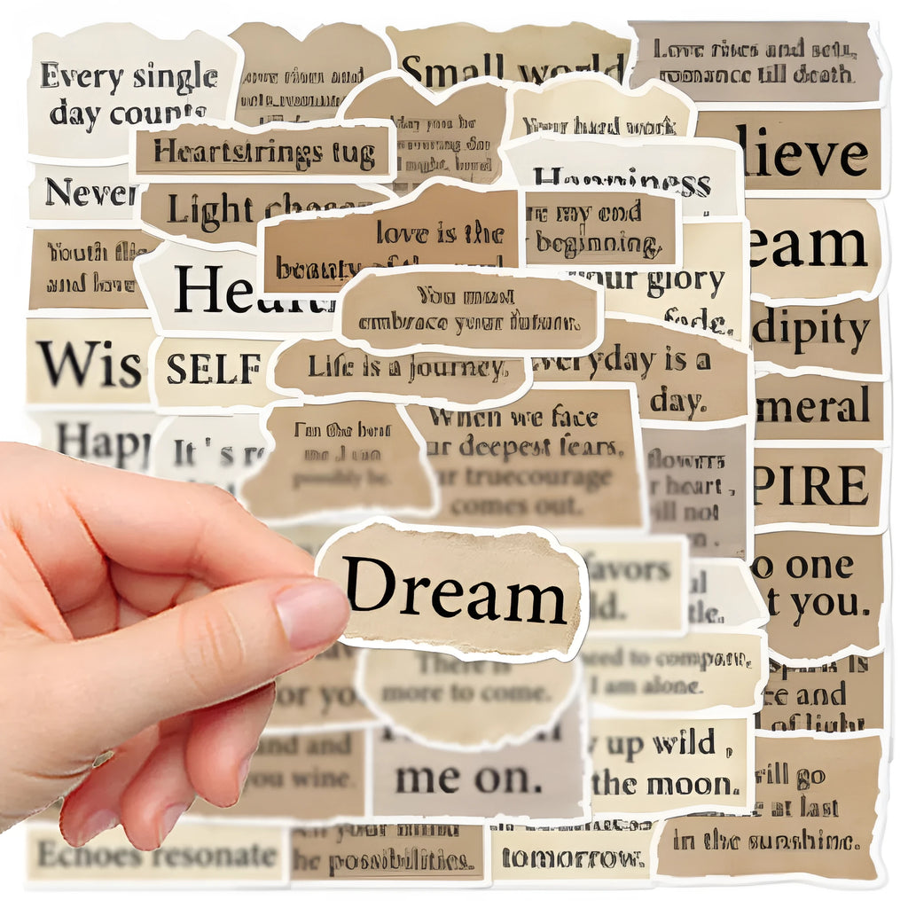Set of 25 reusable PVC decorative stickers with torn English text design, each between 4 and 7 cm.