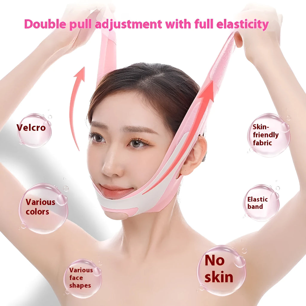 Pink and black elastic V-shaped face bandage for facial contouring and skin care.