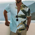 Man wearing a loose-fit floral print short sleeve cardigan shirt in a summer setting.