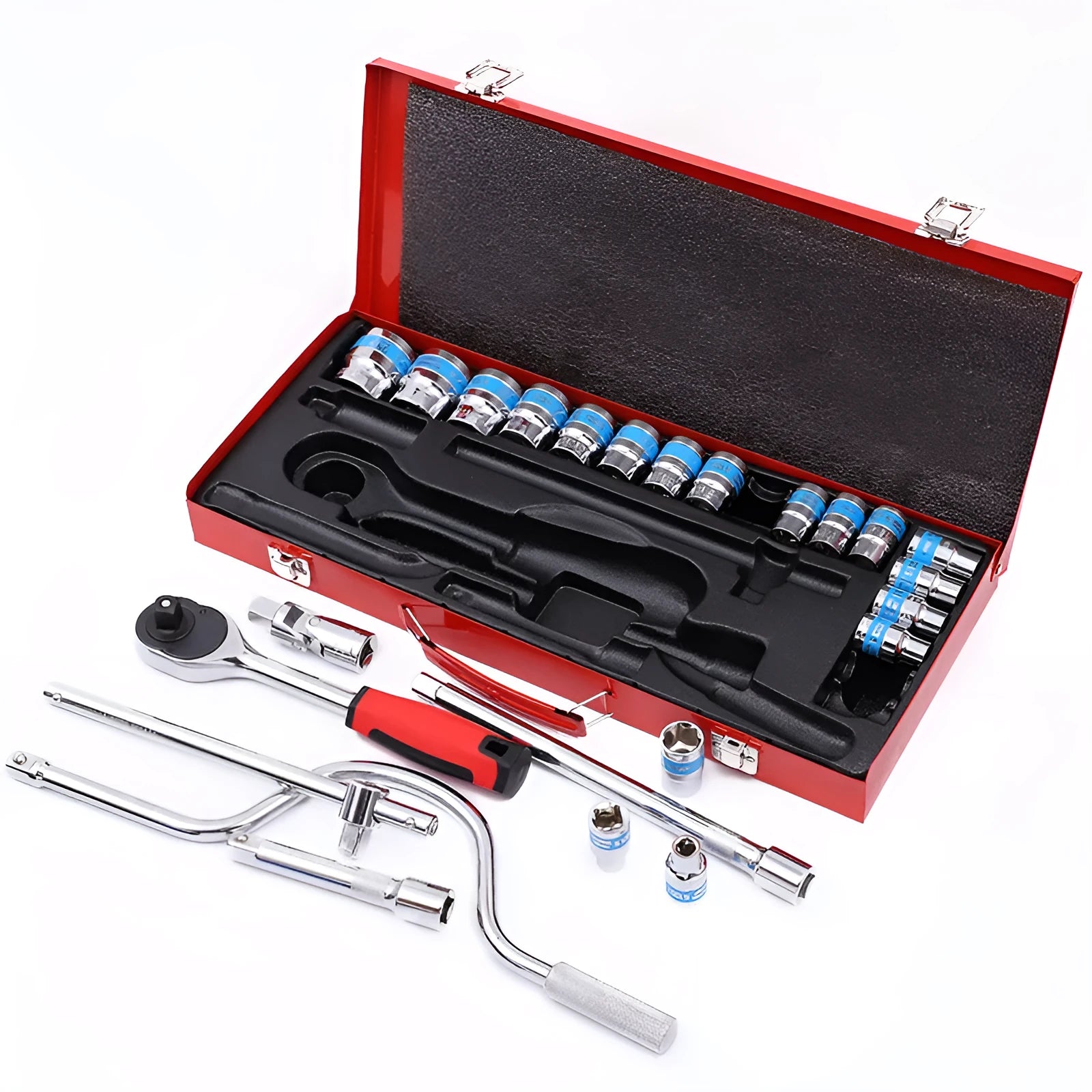 24-piece curved bow car repair wrench combination set with chrome vanadium steel sockets in storage case