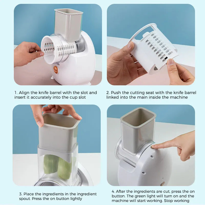 White electric vegetable slicer with rotary grater, suction base, and multiple blades on a kitchen counter.
