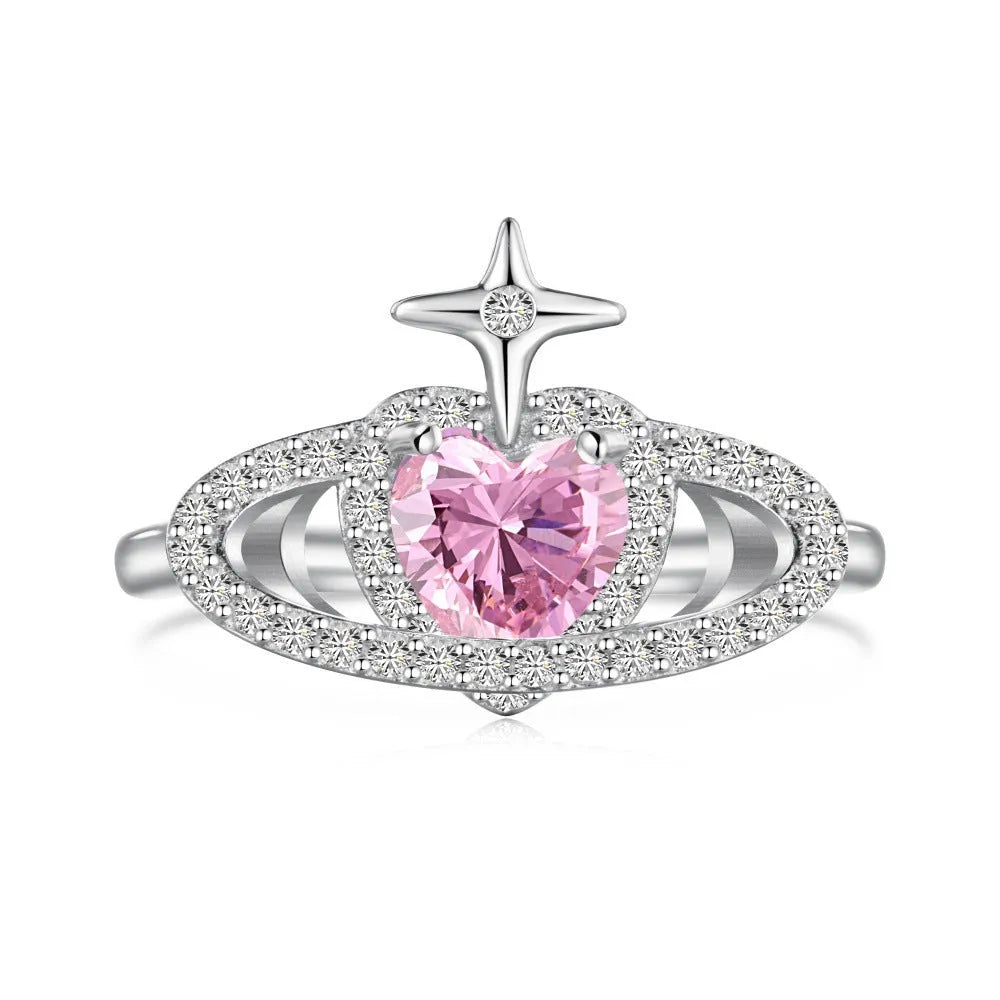 S925 sterling silver adjustable ring for women with epoxy strawberry heart and wing geometric design