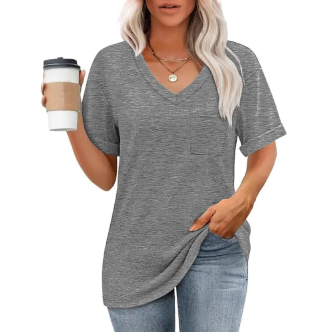 Grey loose-fit V-neck t-shirt with a front pocket and short sleeves on a plain background