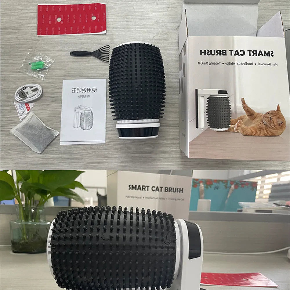White automatic cat self groomer wall corner brush with silicone bristles and USB cable