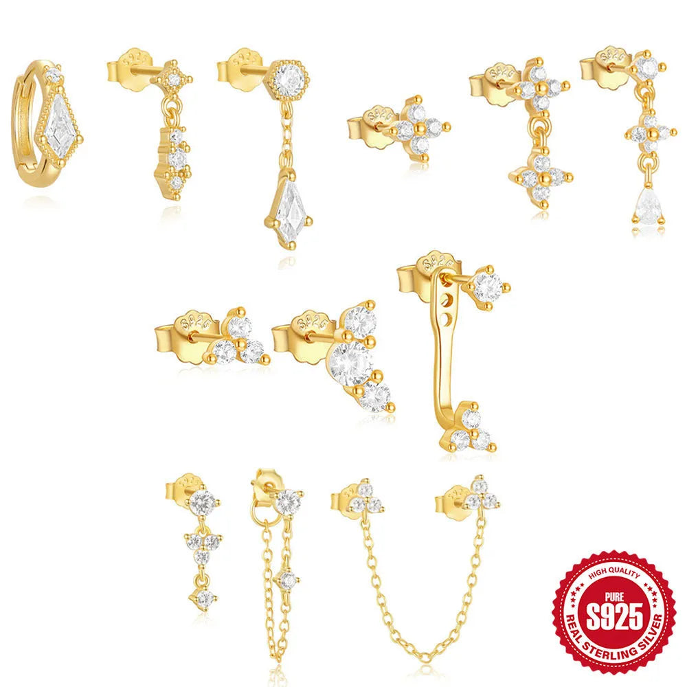 Set of three S925 sterling silver geometric stud earrings with zircon and tassel details on a jewellery card.