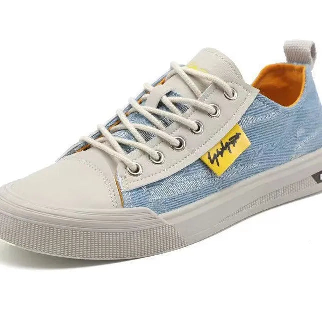 Men's canvas casual shoes in dark blue with round toe and lace-up design