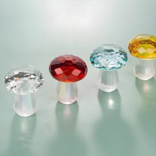 Modern geometric crystal mushroom decoration in transparent, green, red, or yellow, 40 by 53 millimetres.