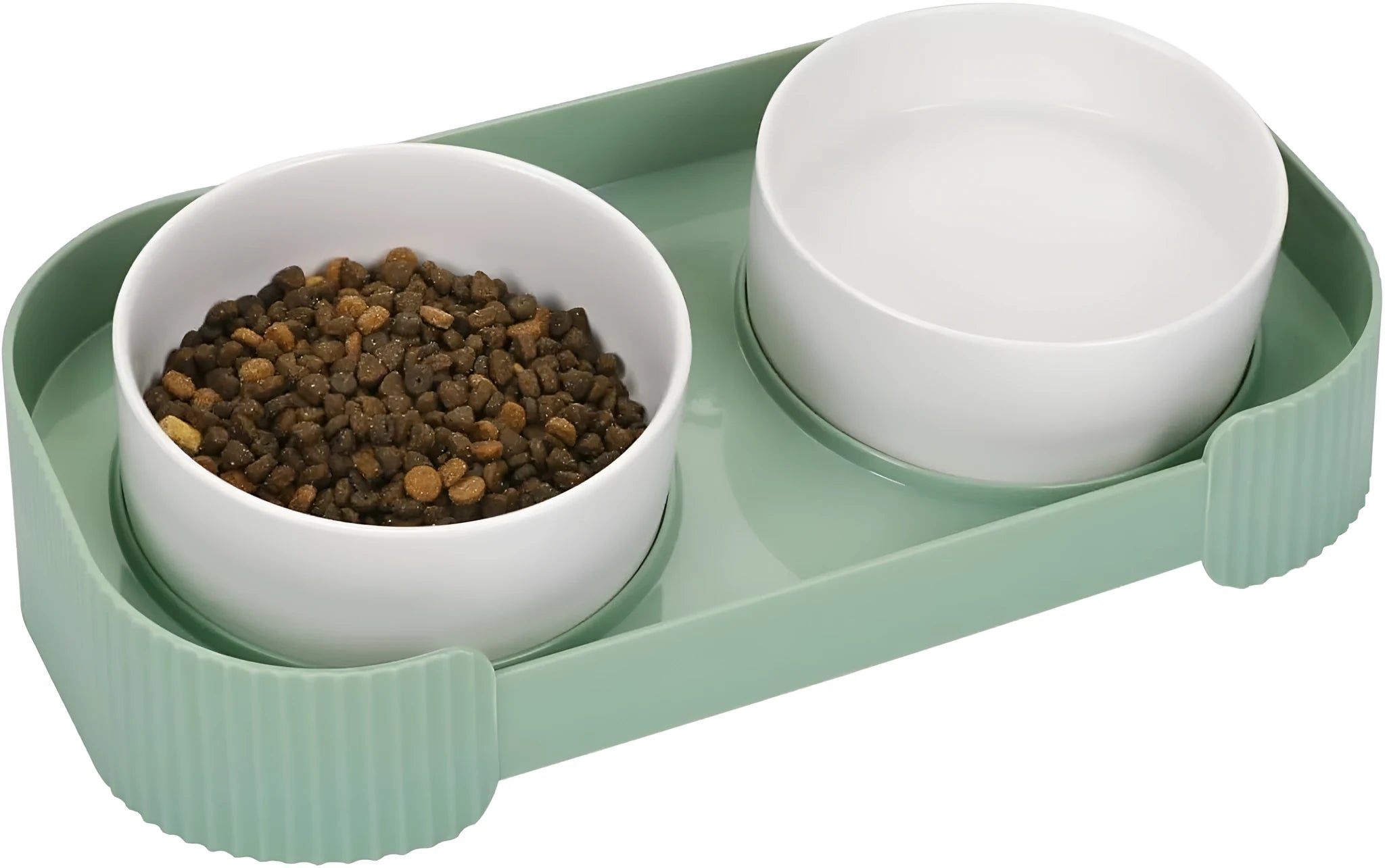 Green ceramic raised cat bowl set with two bowls on a 15° tilted stand and non-slip base.