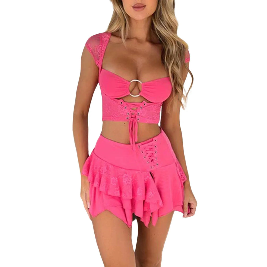 Rose red women's U-shaped V neck iron bikini set with polyester fabric, sizes S to XXL