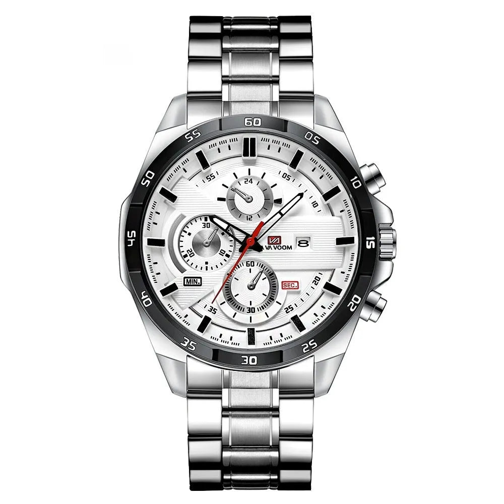 Men's casual watch with brown leather strap, white dial, rose gold case, and day-date window.
